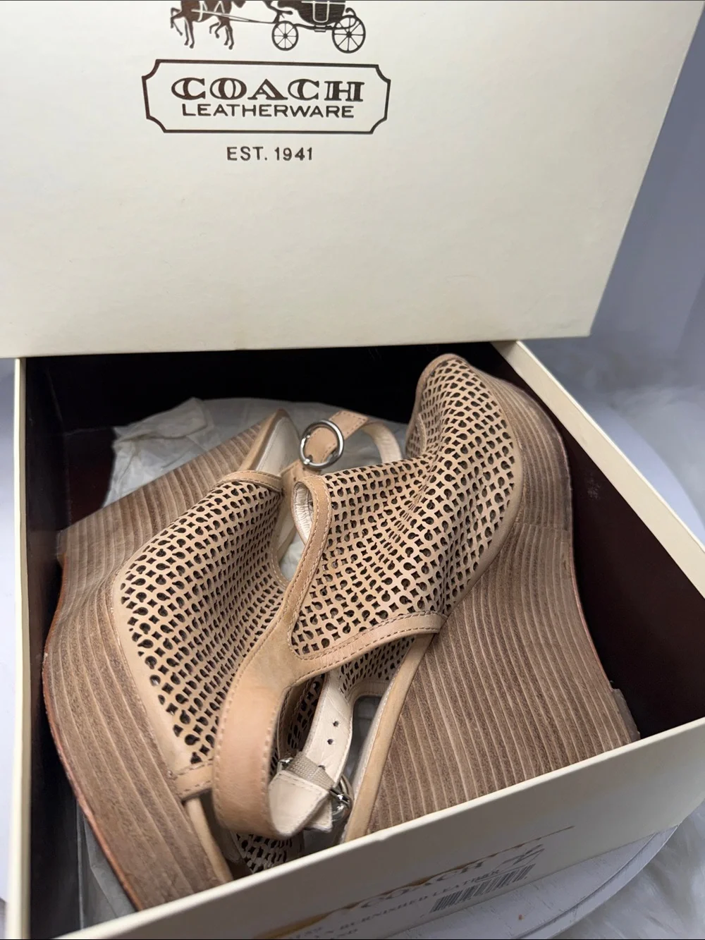 Coach Tan Perforated Leather Slingback Wedge Sandals